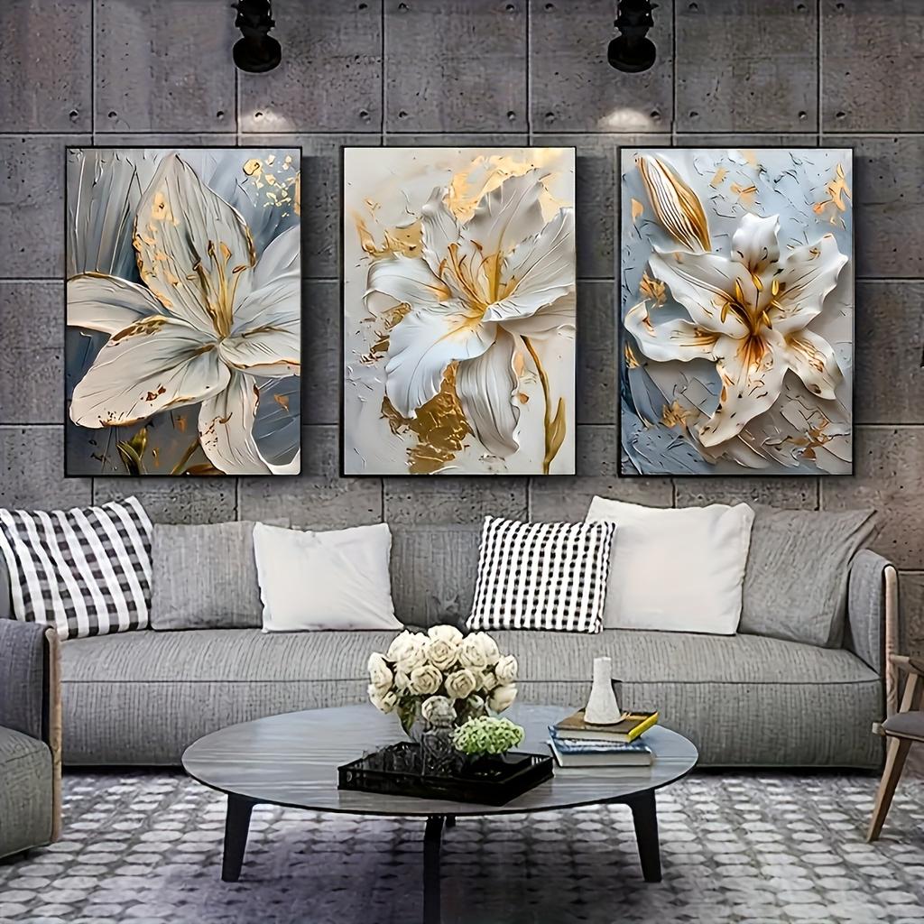 3pcs Elegant Golden Floral Canvas Art Prints - Frameless, 2D Wall Decor for Living Room or Kitchen, Luxurious White & Golden De