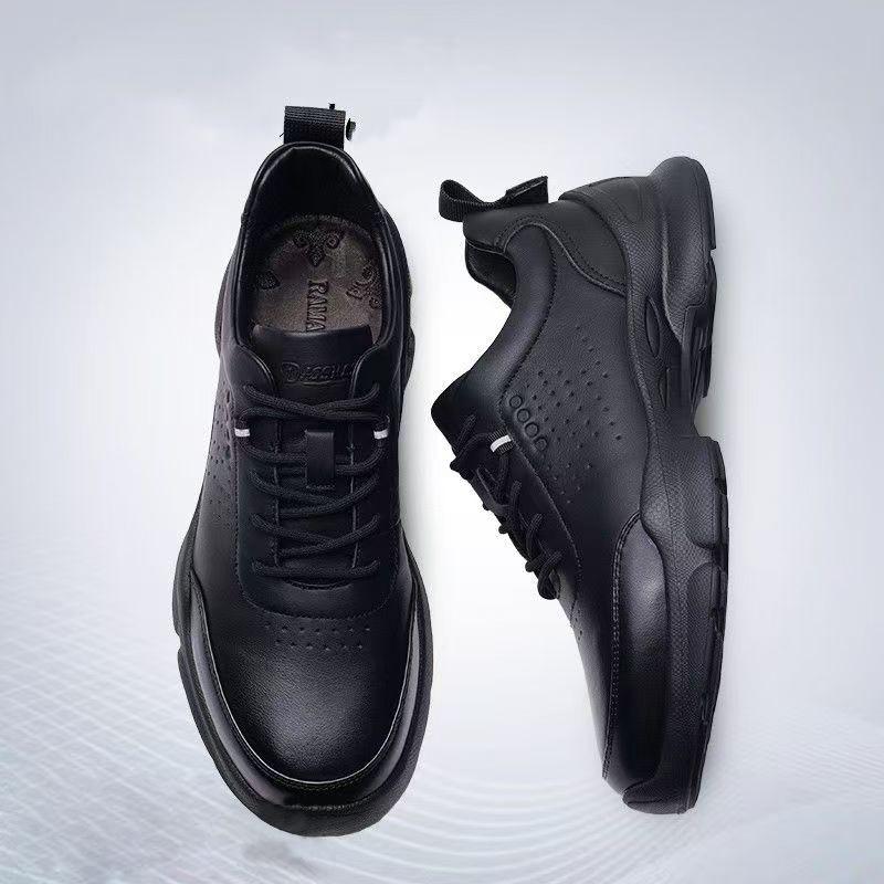 Men's Summer Breathable Soft Leather Sport Casual Work Oes Thi Bot All Bla Comfortable Slip-On Round Toe Oes