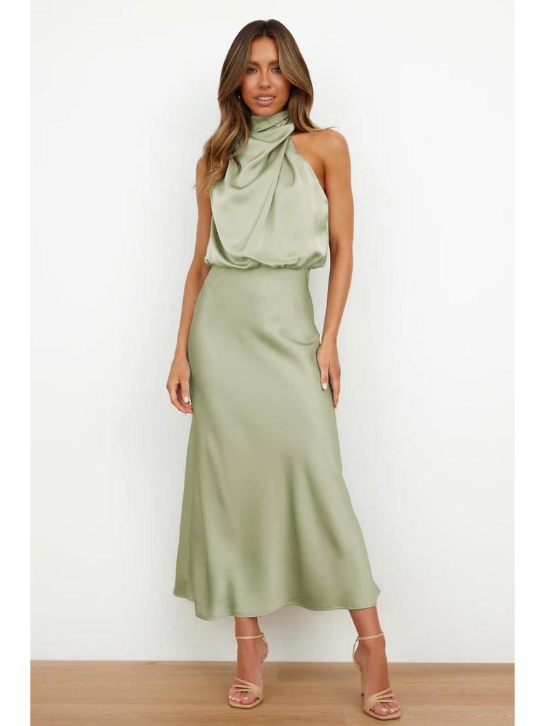 2024 Spring/Summer Elegant Satin Sleeveless Dress: Stylish High-End Solid Color Evening Wear