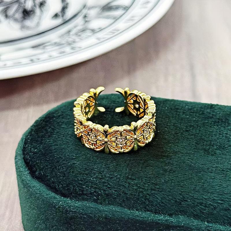 Medieval Vintage Enamel Oil Drop Four-Leaf Clover Hollow Rhombus Open Ring Court Style Retro Stacked Ring