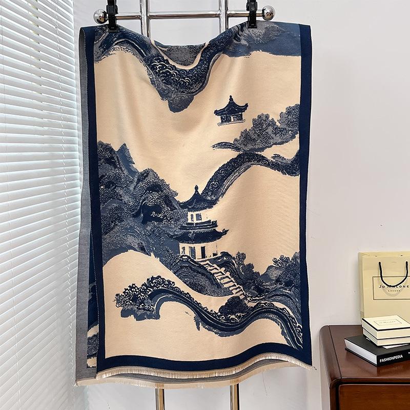 National Style Ancient Building Antique Retro Autumn And Winter Women'S Imitation Cashmere Short Beard Fringed Warm Scarf Shawl Scarf
