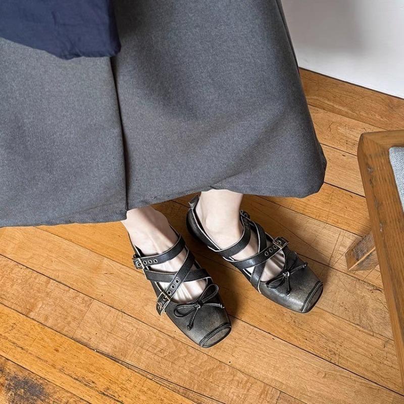 Fashion Low Heel Flat Shoes New Square Head Shallow Mouth Butterfly Knot Rivets Metal Buckle Soft Sole Non-slip Single Shoes