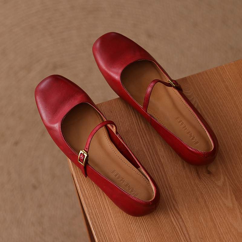 Krazing Pot Kuhleder Mode Frühling Herbst Schönheit Flach mit Damen Square Toe Schuhe Mary Janes Flache Ballerinas