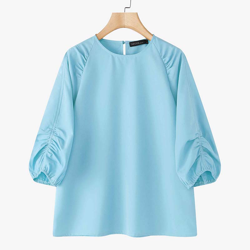 ZANZEA Women Casual Round Neck Solid Color 3/4 Sleeve Loose Blouse