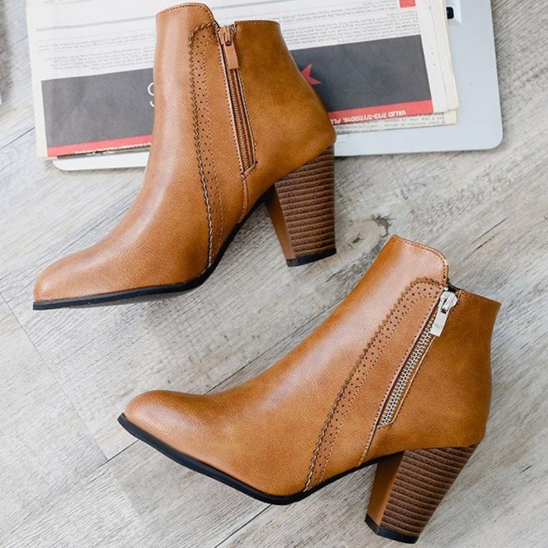 Fashion Women's Boots Chunky Heel Womens Ankle Boots Pu Leather Non Slip High Heels Side Zip Fashion Women Shoes Retro Zapatos De Mujer