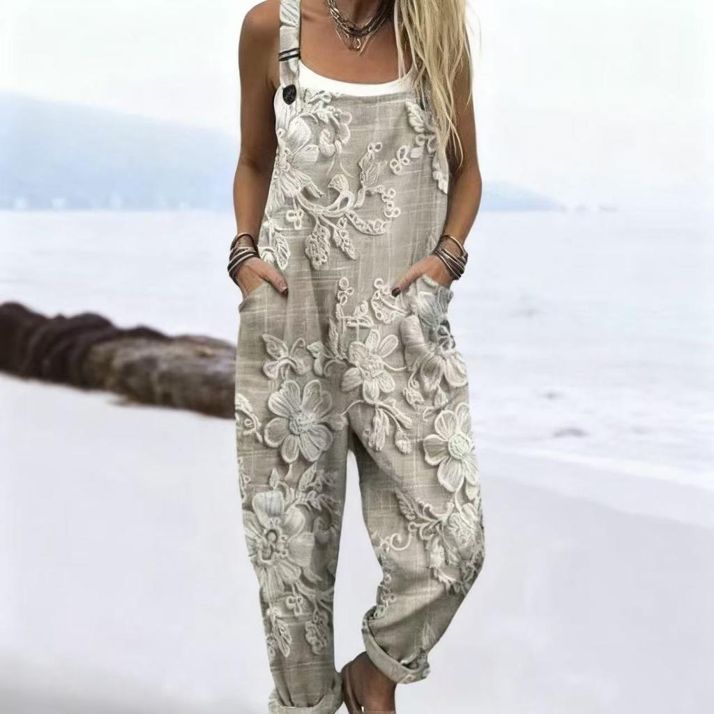 Women's Sleeveless Mid Rise 3D Digital Print Loose Casual Overalls Jumpsuit For Summer