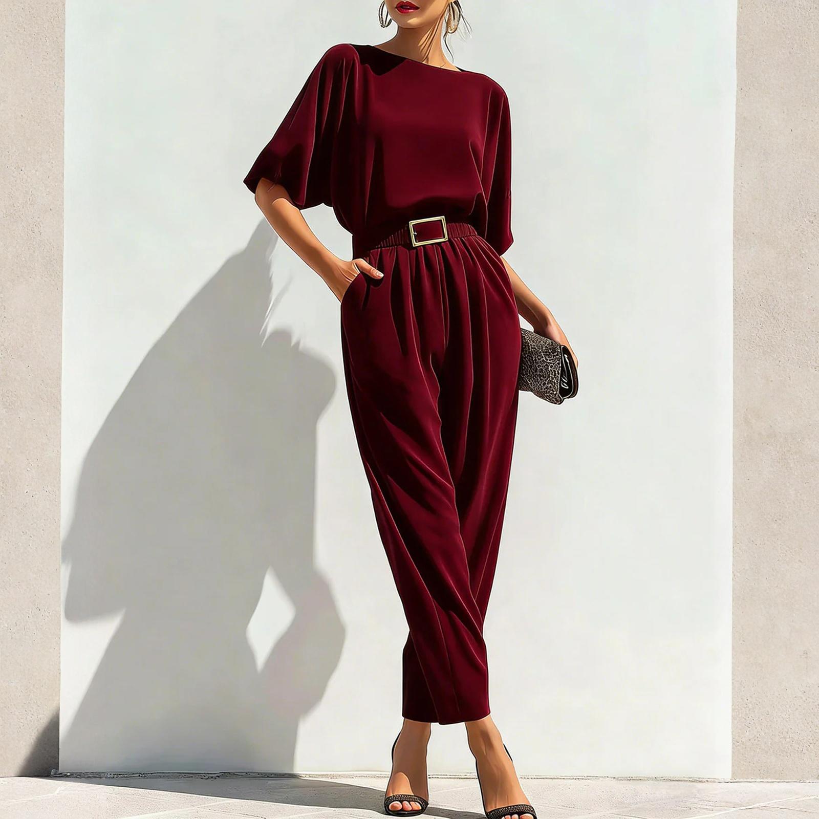 Комбинезоны для женщин Глубокий короткий рукав Комбинезон Свободный крой Рабочие комбинезоны Элегантный Повседневный Летние комбинезоны XL винный