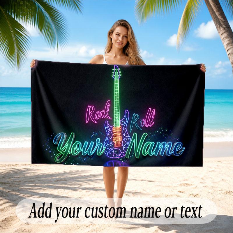 Music Guitar Theme Beach Towel Personalized Custom Name & Text Soft Quick Dry Beach Towel for Swimming Travel