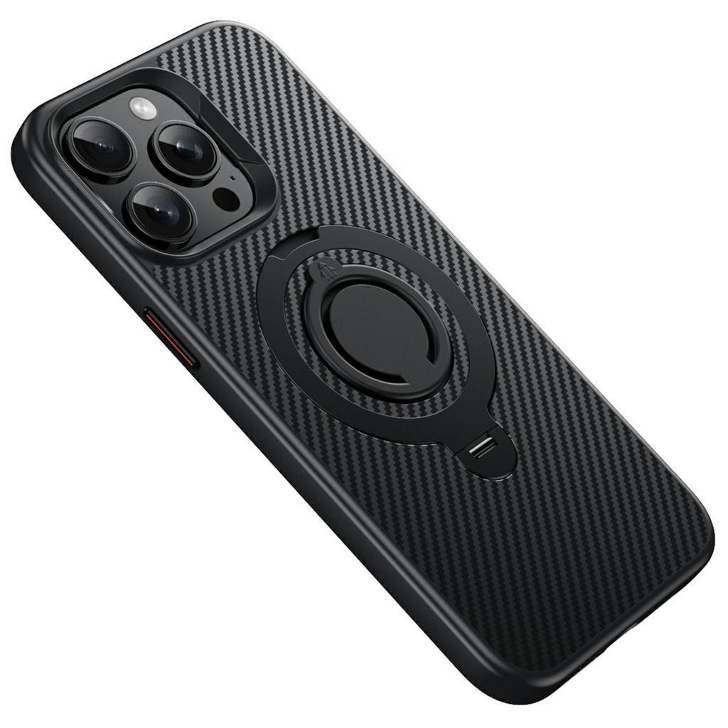 For iPhone 13 Pro Case Compatible with MagSafe Kickstand Carbon Fiber Texture PC+TPU Back Cover with Silicone Ring