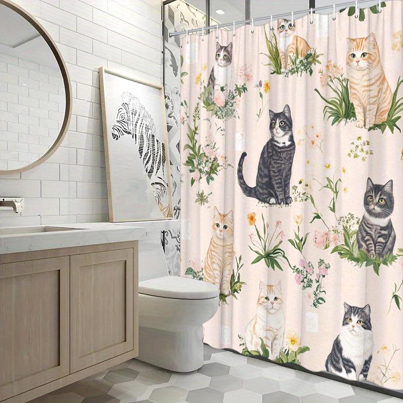 Verspielter Duschvorhang mit Katzenmotiv – Bunte Katzen und Blumen auf hellrosa Grund, Polyester, 180 x 180 cm