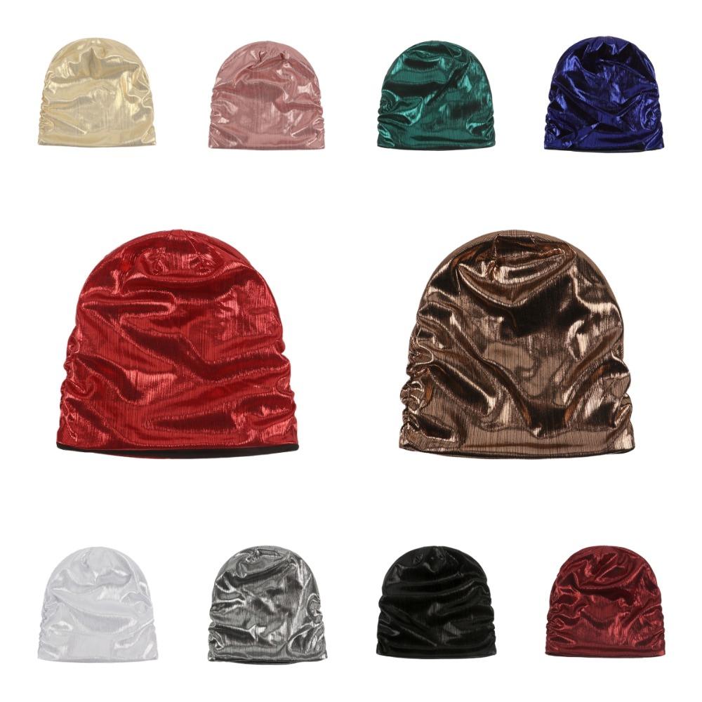 Solid Color Metal Color Hat Elastic Sleeping Night Cap Simple Pullover Cap  Streetwear