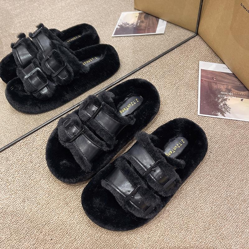 Niche thick-bottomed fluffy slippers women's fashion buckle with autumn and winter one-word mop 2025 new velvet warm cotton mop