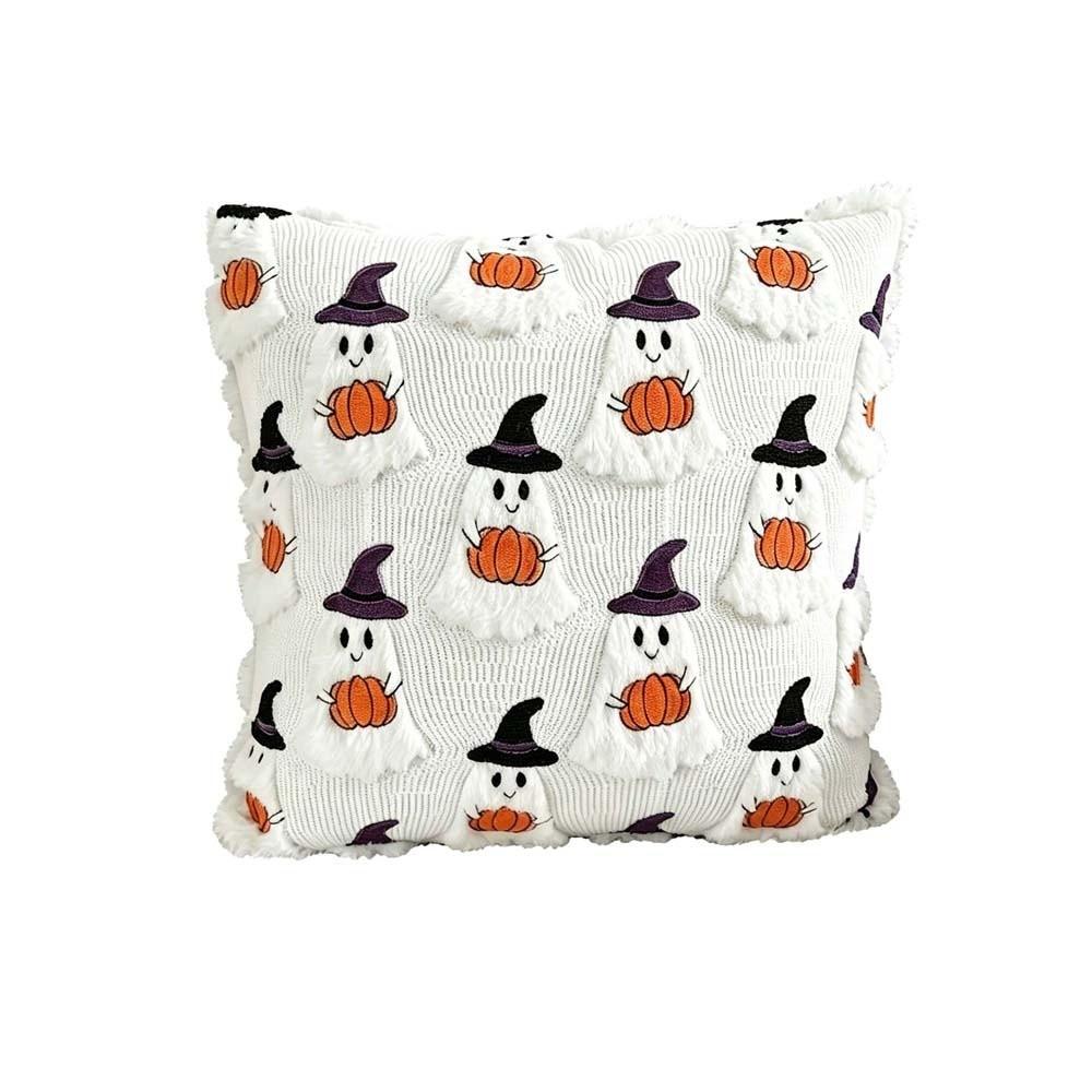 Soft Plush Pumpkin Pillow Case Cute Embroidery Square Shape Halloween Cushion Cover Warm Texture Solid Color