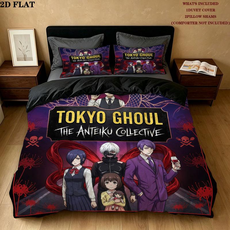 סט מצעים עם דוגמת Tokyo Ghoul, כיסוי שמיכה, ציפית לכרית, מתנת יום הולדת לבית(1 * כיסוי שמיכה + 2 * ציפות, ללא ליבה)