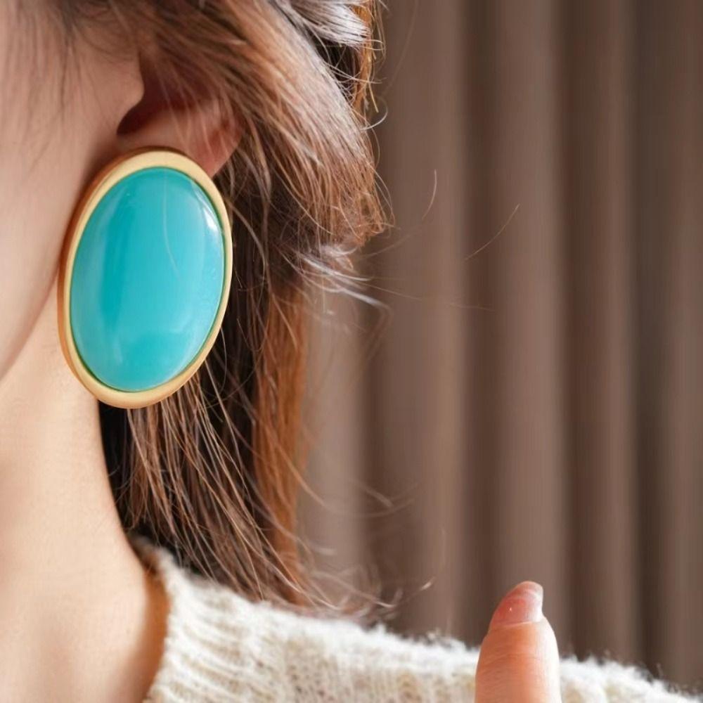 Ellipse Design Resin Stud Earrings Matte Metal Oval Earrings Party Jewelry  Women Jewelry