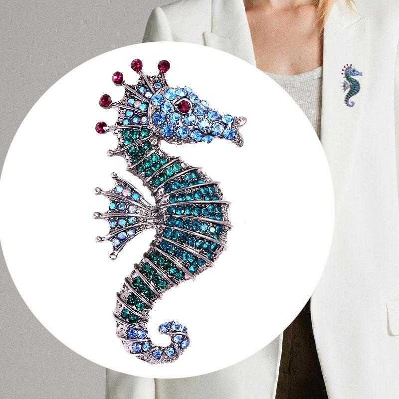 Sparkling Rhinestone Seahorse Brooches 3 Color Sea Animal Office Casual Brooch Pins Gifts