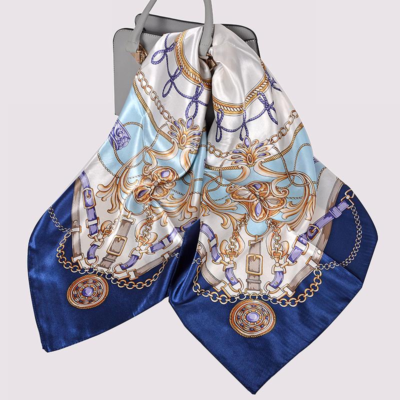 [BYSIFA] Women Silk Scarf Shawl Printed Chinese Rose Navy Blue Red Square Scarves 90*90cm Fashion Accessories Headscarves Hijabs