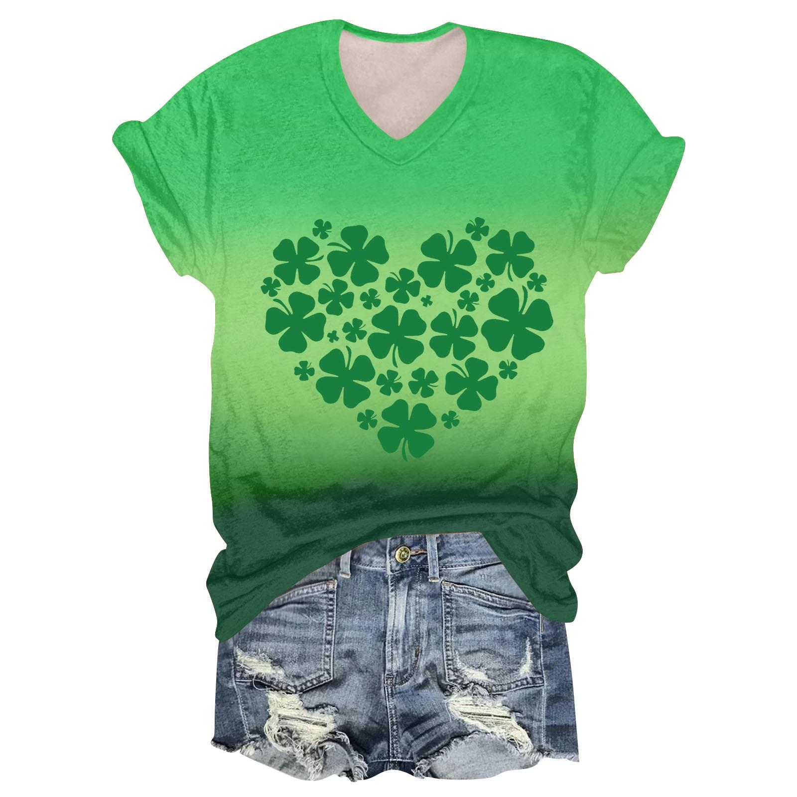 

Жіноча мода Студентський принт до Дня Святого Патрика Футболка з V-подібним вирізом та коротким рукавом Топ XL
