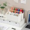 Desktop Plastic Caddy with Wooden Handle Art Supply Organizer Bin with Adjustable Dividers Makeup Basket Storage Tote for Colored Pencils Brushes