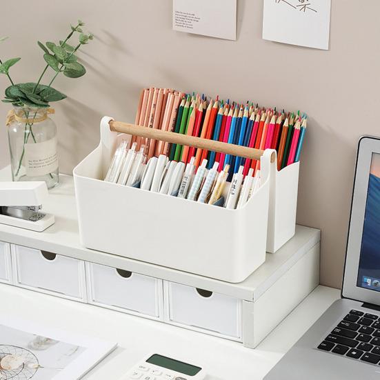 Desktop Plastic Caddy with Wooden Handle Art Supply Organizer Bin with Adjustable Dividers Makeup Basket Storage Tote for Colored Pencils Brushes