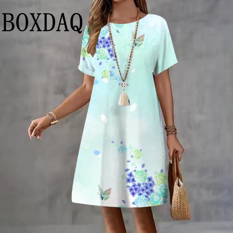 Güneşlik Kelebek Kadın Elbiseleri 3D Çiçek Baskılı Kadın Giyim Günlük A-Çizgisi Bol Kısa Kollu Elbise Yaz Şık Bayan Elbisesi
