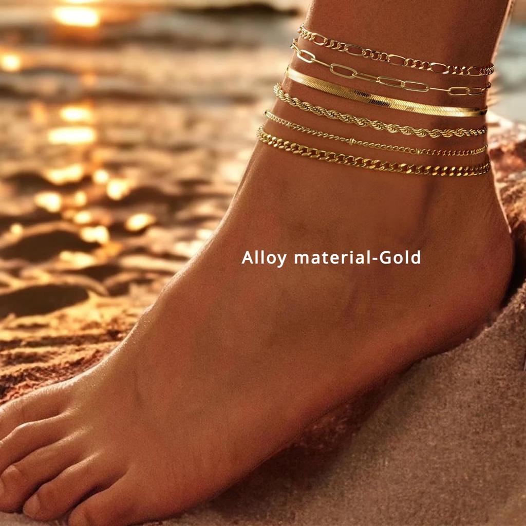 6PCS 14k Gold Plated Ankle Bracelets for Women, Stainless Steel Waterproof Herringbone Paperclip Bead Figaro Cuban Chain Anklets