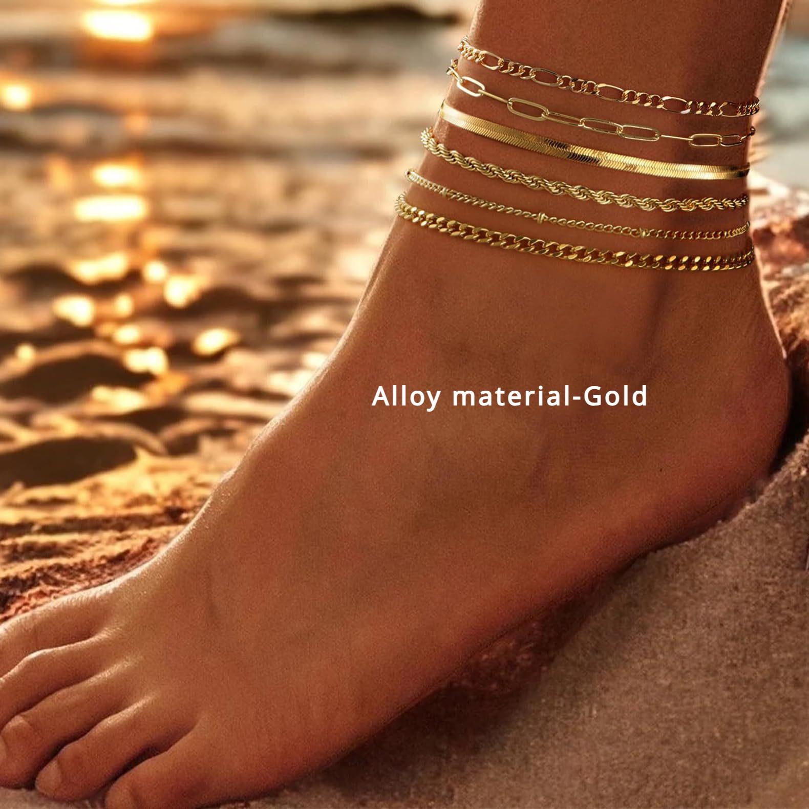 6PCS 14k Gold Plated Ankle Bracelets for Women, Stainless Steel Waterproof Herringbone Paperclip Bead Figaro Cuban Chain Anklets