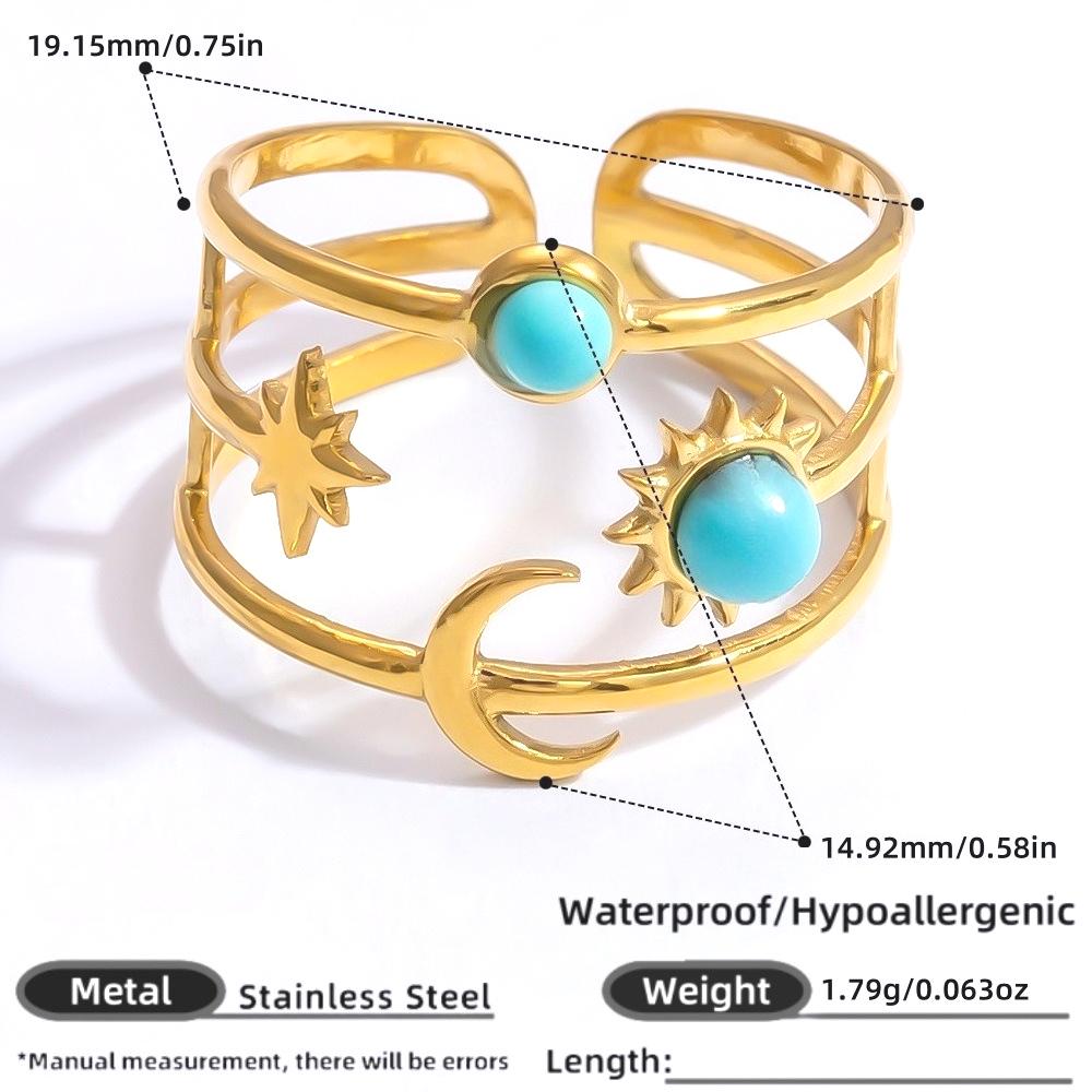 Anéis Ajustáveis em Aço Inoxidável com Design de Três Espirais Estrela Lua Sol Anel Aberto Turquesa para Homens Mulheres Joia Exquisita Presente