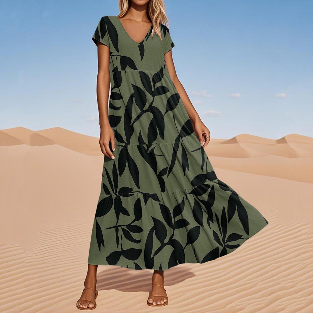 Women's Summer Fashion V-Neck Beach Long Short Sleeve Floral Printed Dresses