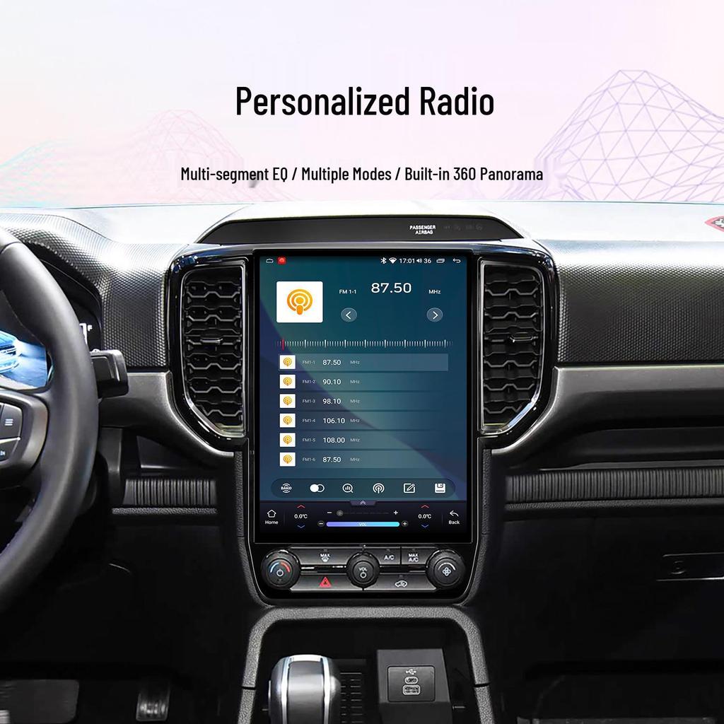 12.1-inch Android Vertical Screen CarPlay Navigation with 360° Panoramic View for 2019-2023 Ford Ranger.