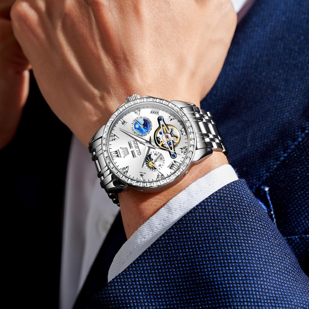 OLEVS Automatic Mechanical Skeleton Diamond Watch Water Date Stainless White Men's - Popular, Resistant, Display, Luminous, Steel, Stylish, Brand,