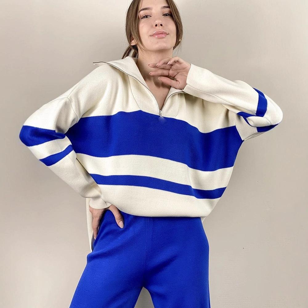 Women's Oversized Sweater Set Striped Zip-Up Top Wide Leg Pants Casual 2 Piece Outfit