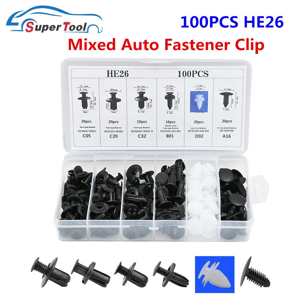 

100PCS HE26 Auto Fastener Clip Car Fender Push Retainer Mixed Body Pin Rivet Bumper Door Trim Panel Universal Clips Fixed Buckle