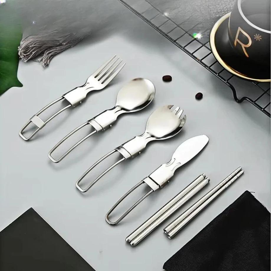 Creative Stainless Steel Folding Salad Spoon Fork Chopsticks Set Portable Outdoor Picnic Kitchen Tableware Household Supplies