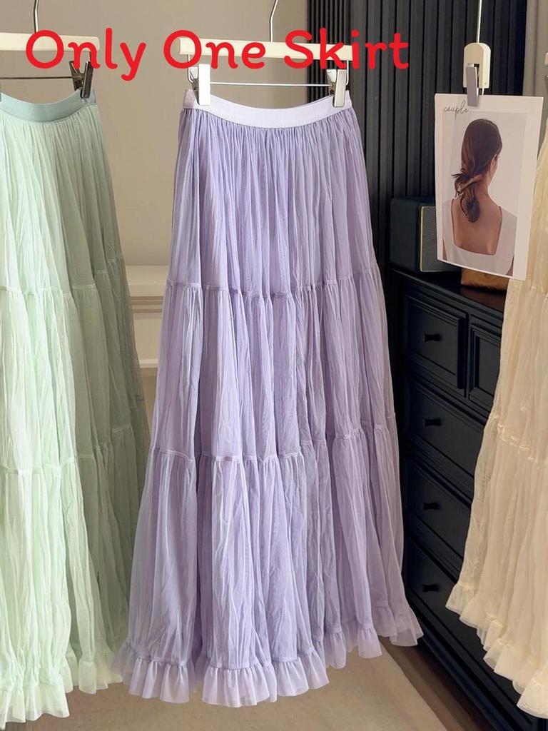 Pure Color Mesh Panel Long Skirt With Pleats For Casual Womens Fashion