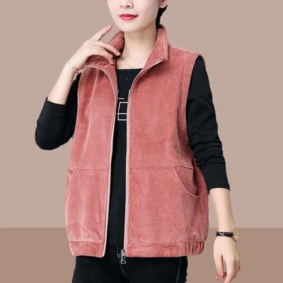 Women's Autumn and Winter Windproof Warm Sleeveless Vests Corduroy Zipper Vests Office Vests