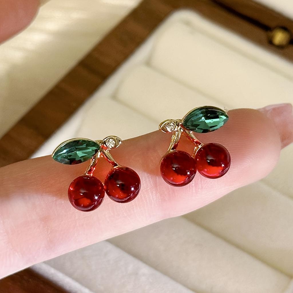 1 Pair Vintage Style Cherry Stud Earrings, Zinc Alloy with Red Simulation Gemstone, Elegant Fruit Design, for Daily Wear