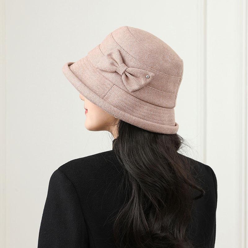 New Women's Woolen Basin Hat Elegant Bow Fisherman Hat Autumn and Winter Thermal Hat