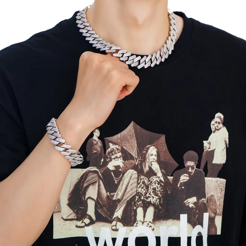 Personalized Hip Hop Jewelry 20mm Bling Iced Out Two Tone Silver and Pink CZ Prong Miami Cuban Link Chain Bracelet