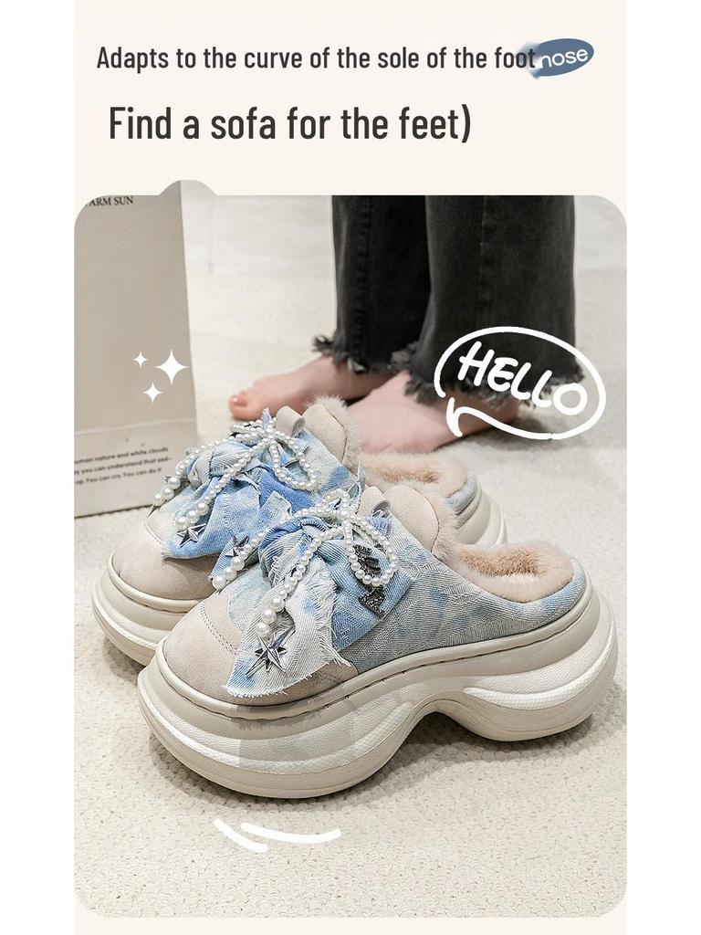 Women's Thick-Soled High-Heeled Bow Cotton Slippers - Winter 2025 Non-Slip, Height-Boosting, Warm PU Slippers