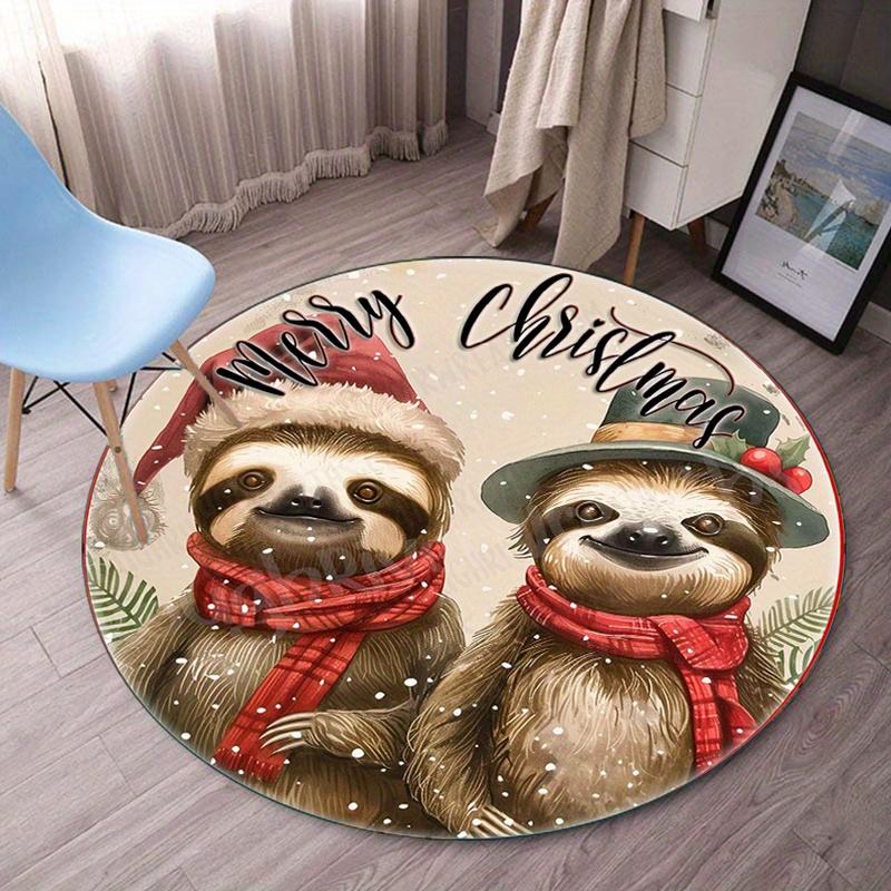 

Merry Christmas Sloth Couple Round Rug Plush Floor Mat Festive Holiday Decor Cute Animal Themed Bedroom Carpet ChristmasGift Rug 60cm x 60cm