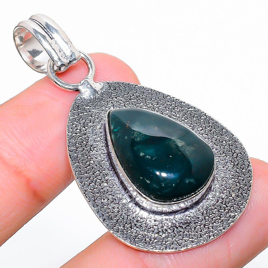 Indian Moss Agate Gemstone Handmade 925 Sterling Silver Jewelry Pendant 1.85"