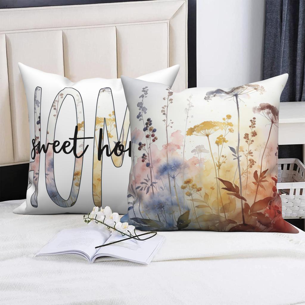 4Pcs/Set Watercolor Wildflower Throw Pillow Covers, Sweet Home Love Lives Here Cushion Cases, Polyester/Linen, Boho Home Decor