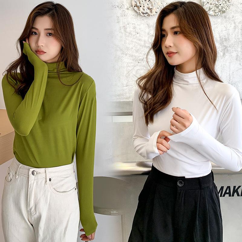 Women's Modal Turtleneck Undershirt Long Sleeve T-shirt Spring Autumn Winter Solid Color Stretch Tight Top