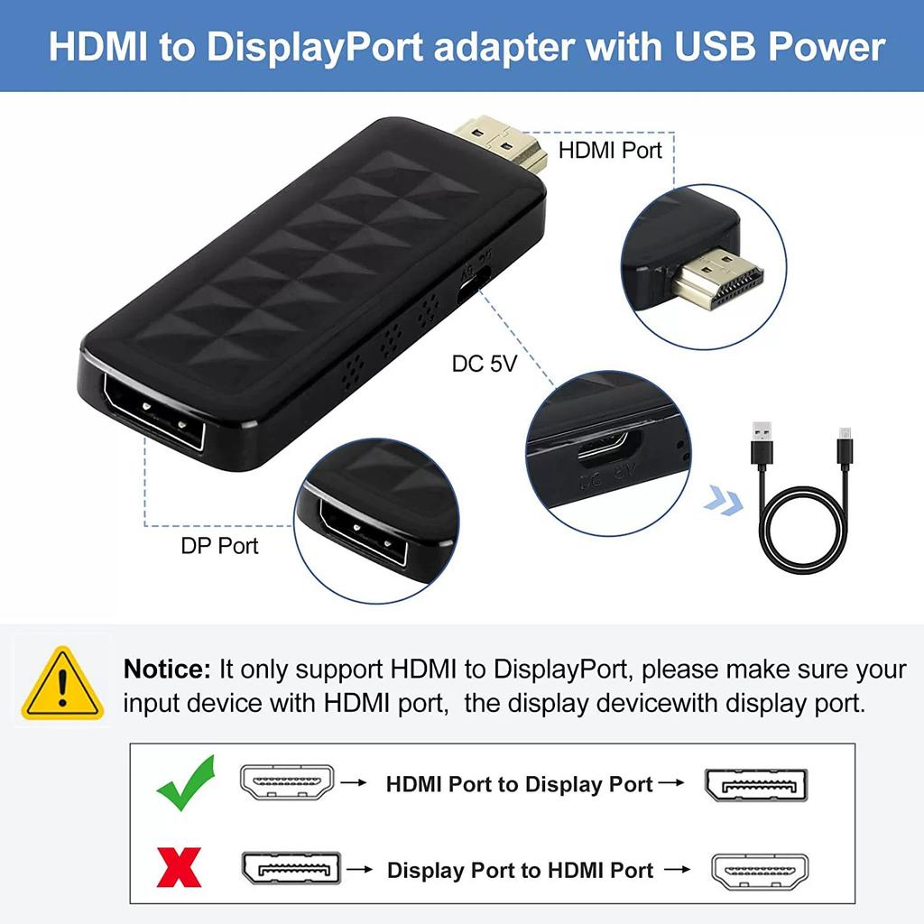 HD2 HDMI 2.0b to DisplayPort 1.4 Adapter 4K 60Hz/HDCP 2.3 Converter for Video Streaming/Gaming