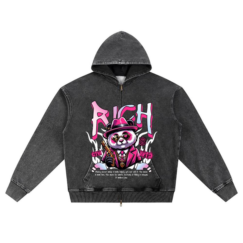 DTG print Knitted Denim Zip-Up Hoodie Rich Panda Brother Print Zipper Hoodies