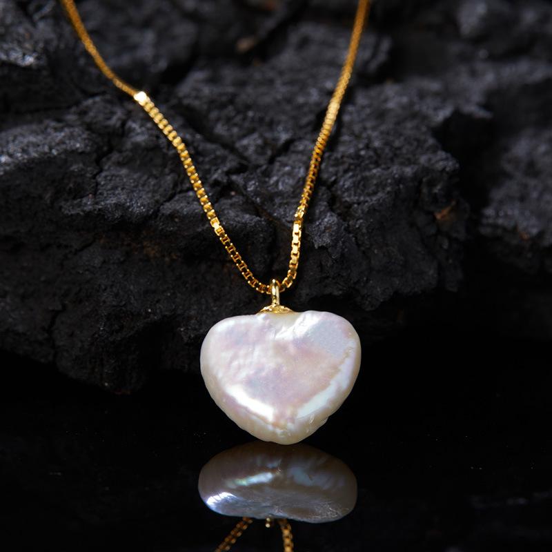 S925 Sterling Silver Inlaid With Natural Baroque Pearl Necklace Women'S Simple Fashion Heart-Shaped Love Pendant Earrings
