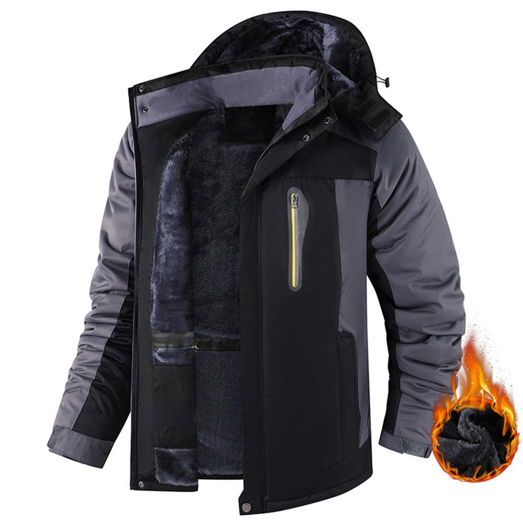 Unisex Colorblock Zipper Pocket Hooded Jacket Men's Casual Plush Jacket