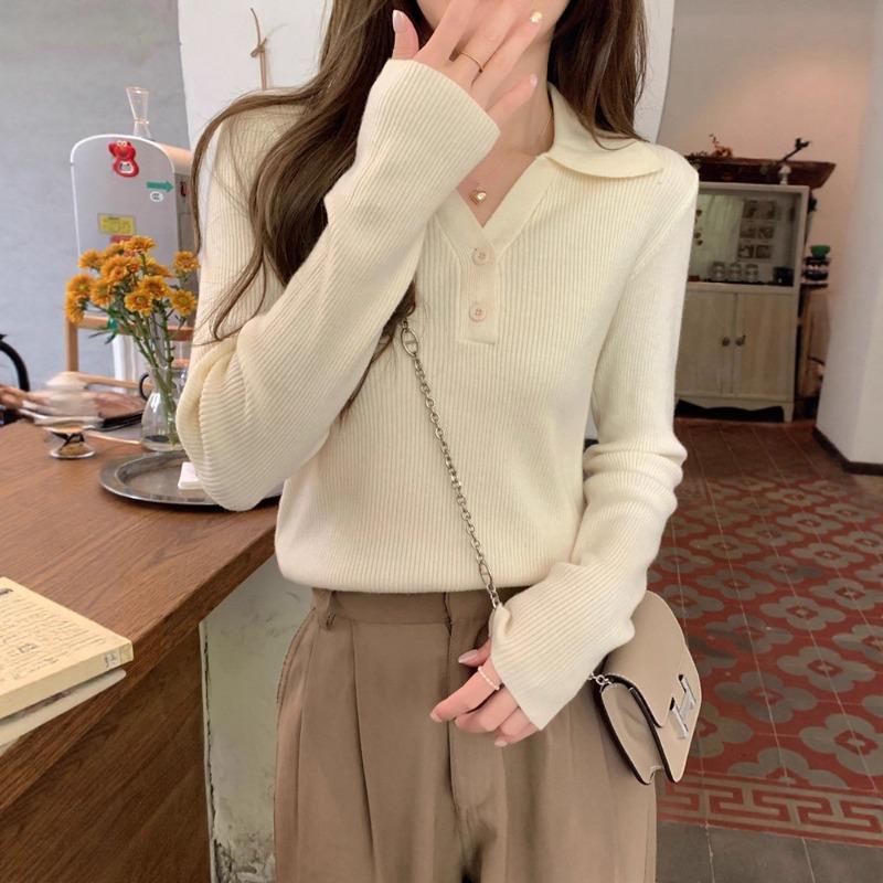 Autumn style polo collar long-sleeved knitted bottoming shirt women's spring and autumn new slim collar inner sweater