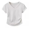 Women Cotton V-neck Short Sleeve T-shirt Slim Fitted Pleated Design Cropped Top Summer
